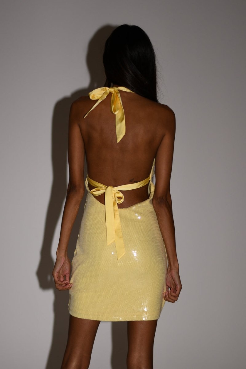 Women's Meshki Carleigh Sequin Halter Mini Dress Lemon Australia | J1G-3336