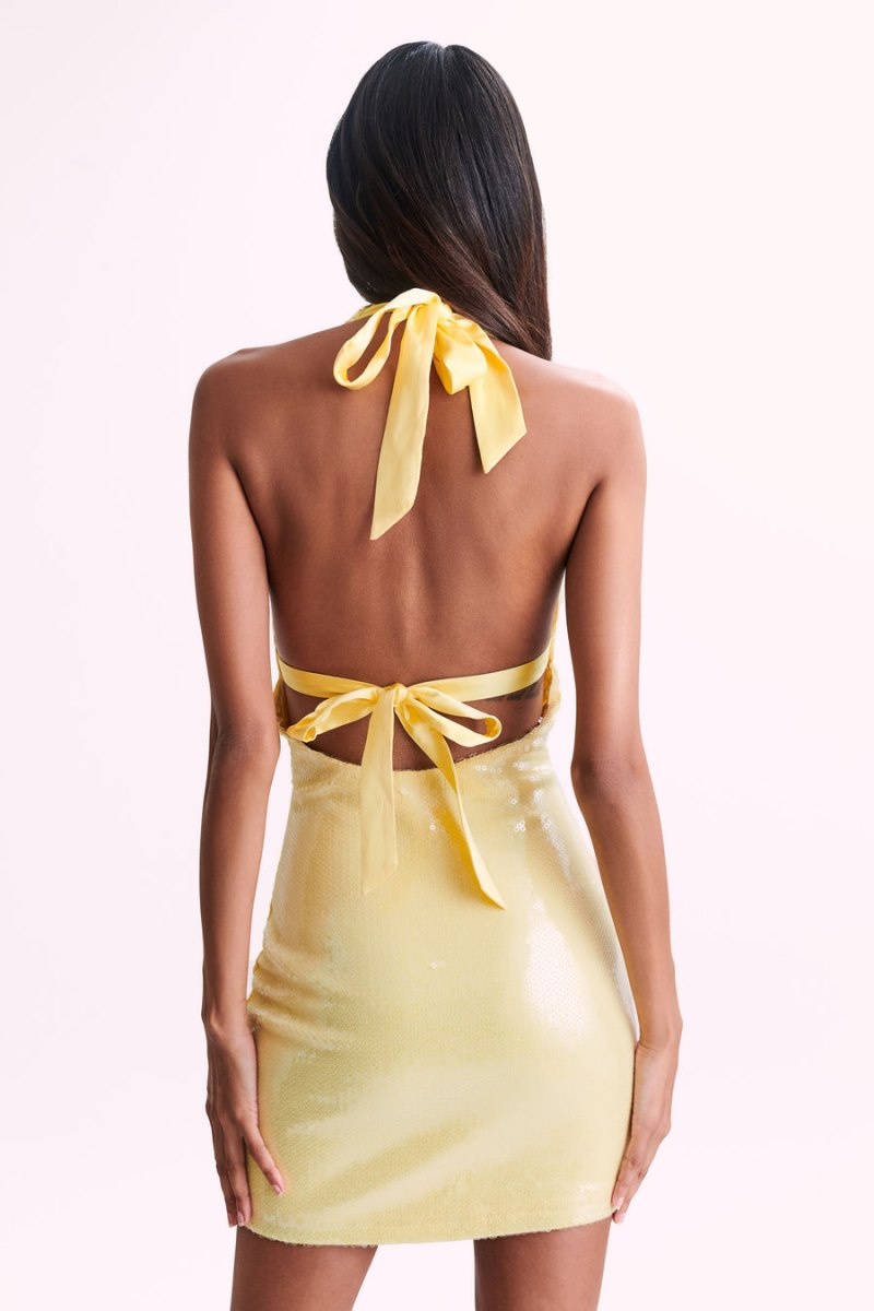 Women's Meshki Carleigh Sequin Halter Mini Dress Lemon Australia | J1G-3336