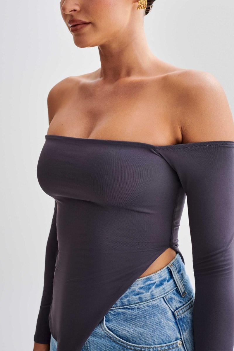 Women's Meshki Carmen Recycled Nylon Off Shoulder Tops Deep Grey Australia | G1B-6277