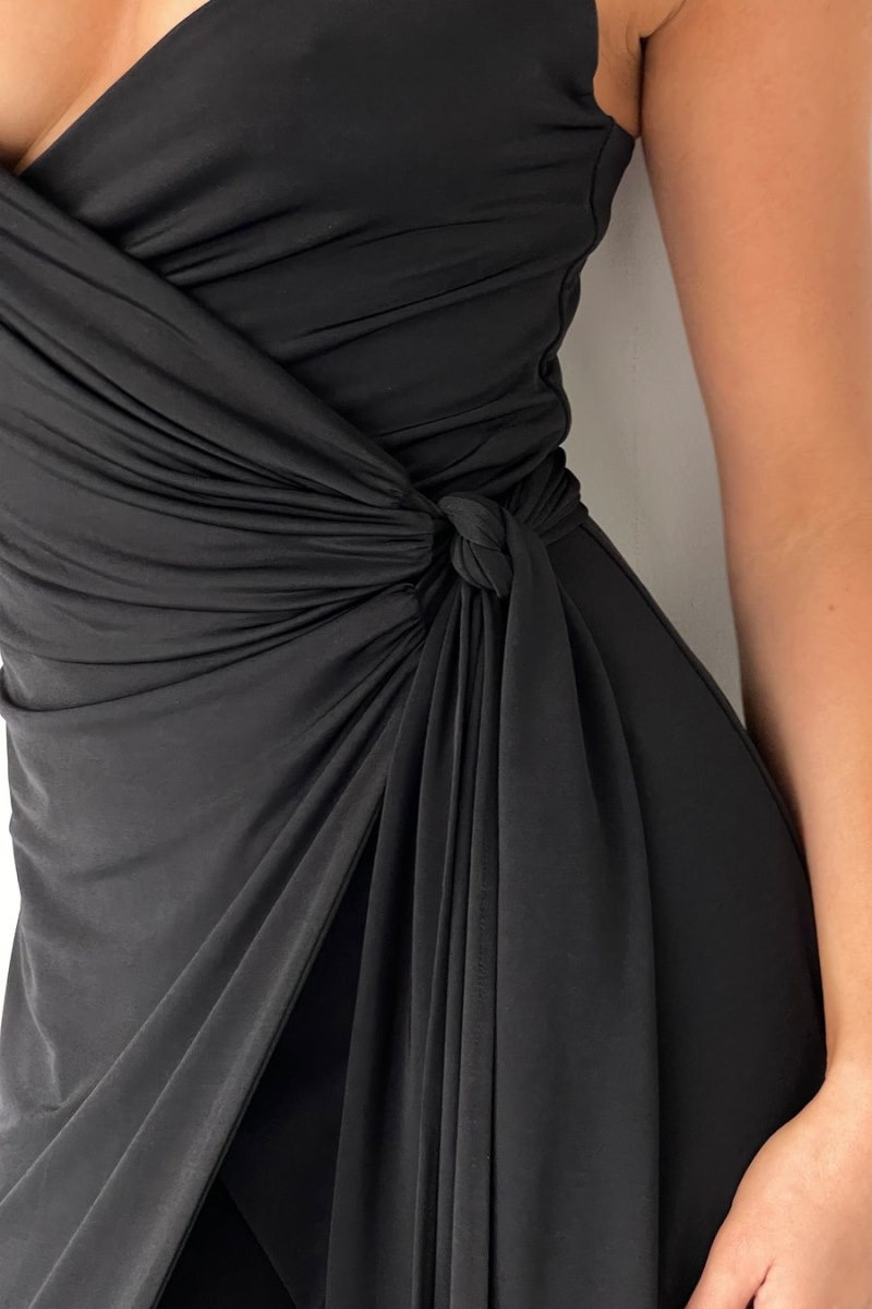 Women's Meshki Caroline Draped Wrap Midi Dress Black Australia | S7T-5895