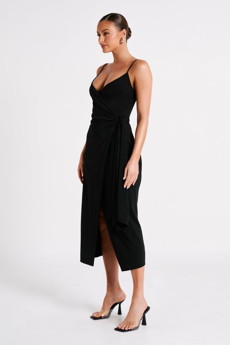 Women's Meshki Caroline Draped Wrap Midi Dress Black Australia | S7T-5895