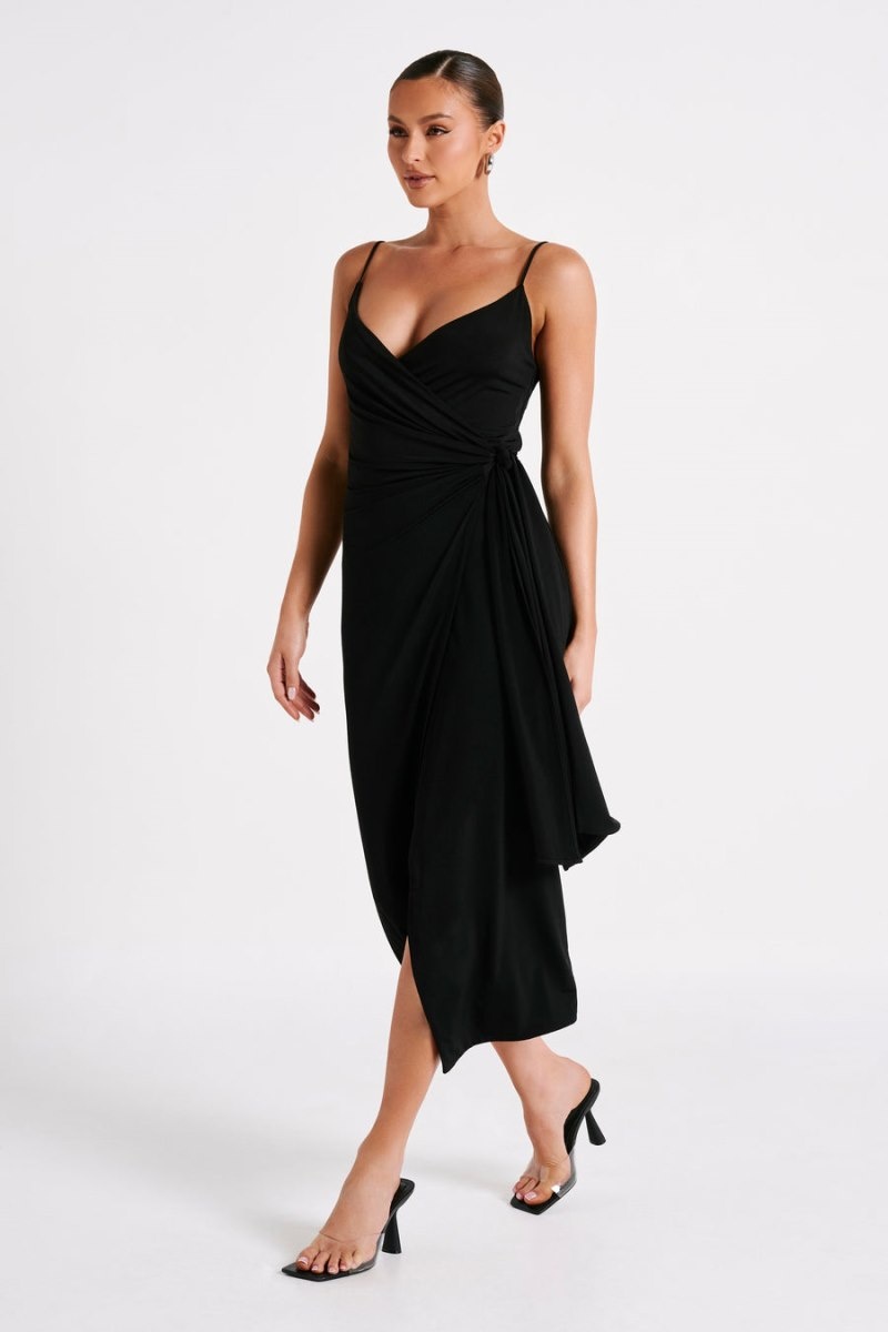 Women's Meshki Caroline Draped Wrap Midi Dress Black Australia | S7T-5895