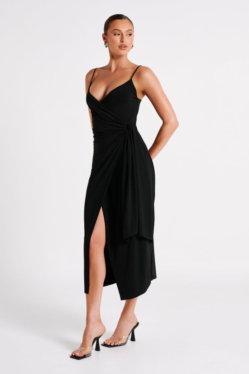 Women's Meshki Caroline Draped Wrap Midi Dress Black Australia | S7T-5895