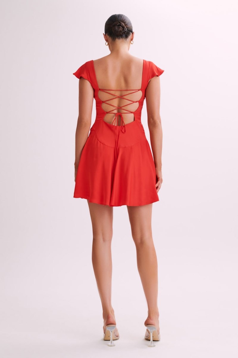 Women's Meshki Carson Ruched Satin Mini Dress Red Australia | F0V-8727