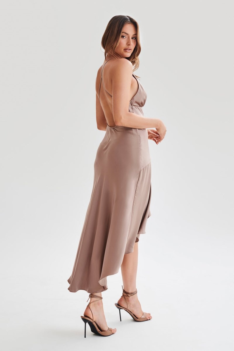 Women's Meshki Casey Satin Midi Dress Brown Australia | F8V-6904