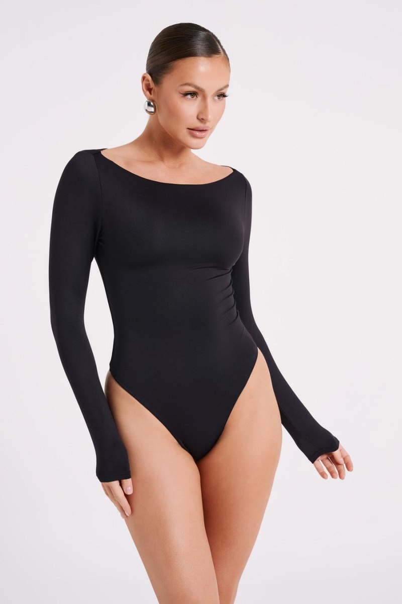 Women's Meshki Cate Boatneck Long Sleeve Bodysuit Black Australia | A2W-6887