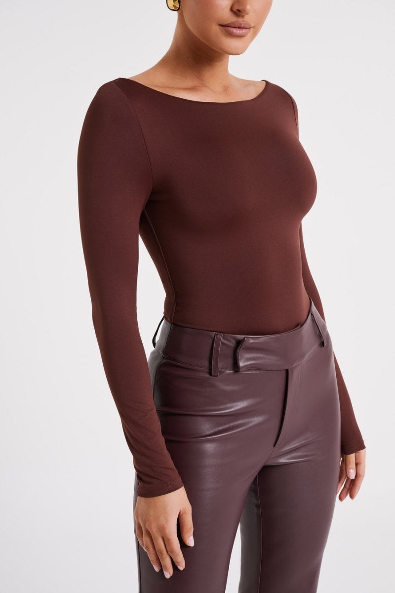 Women's Meshki Cate Boatneck Long Sleeve Bodysuit Chocolate Australia | W0L-0811