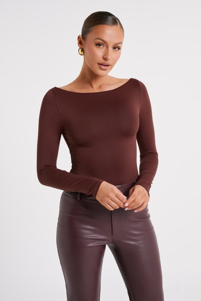 Women's Meshki Cate Boatneck Long Sleeve Bodysuit Chocolate Australia | W0L-0811