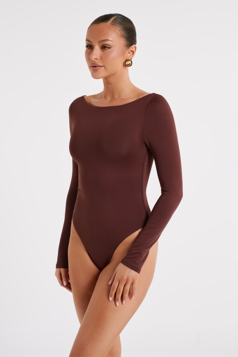 Women's Meshki Cate Boatneck Long Sleeve Bodysuit Chocolate Australia | W0L-0811