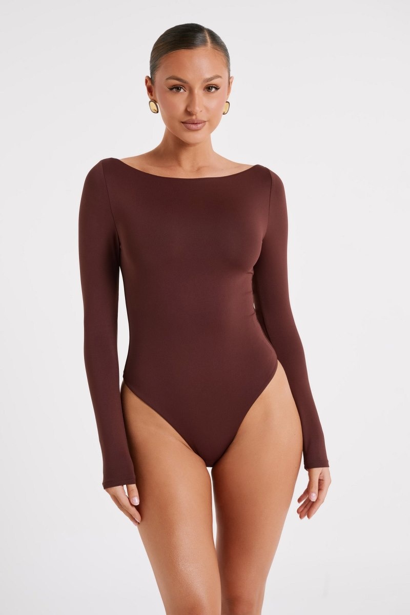 Women\'s Meshki Cate Boatneck Long Sleeve Bodysuit Chocolate Australia | W0L-0811