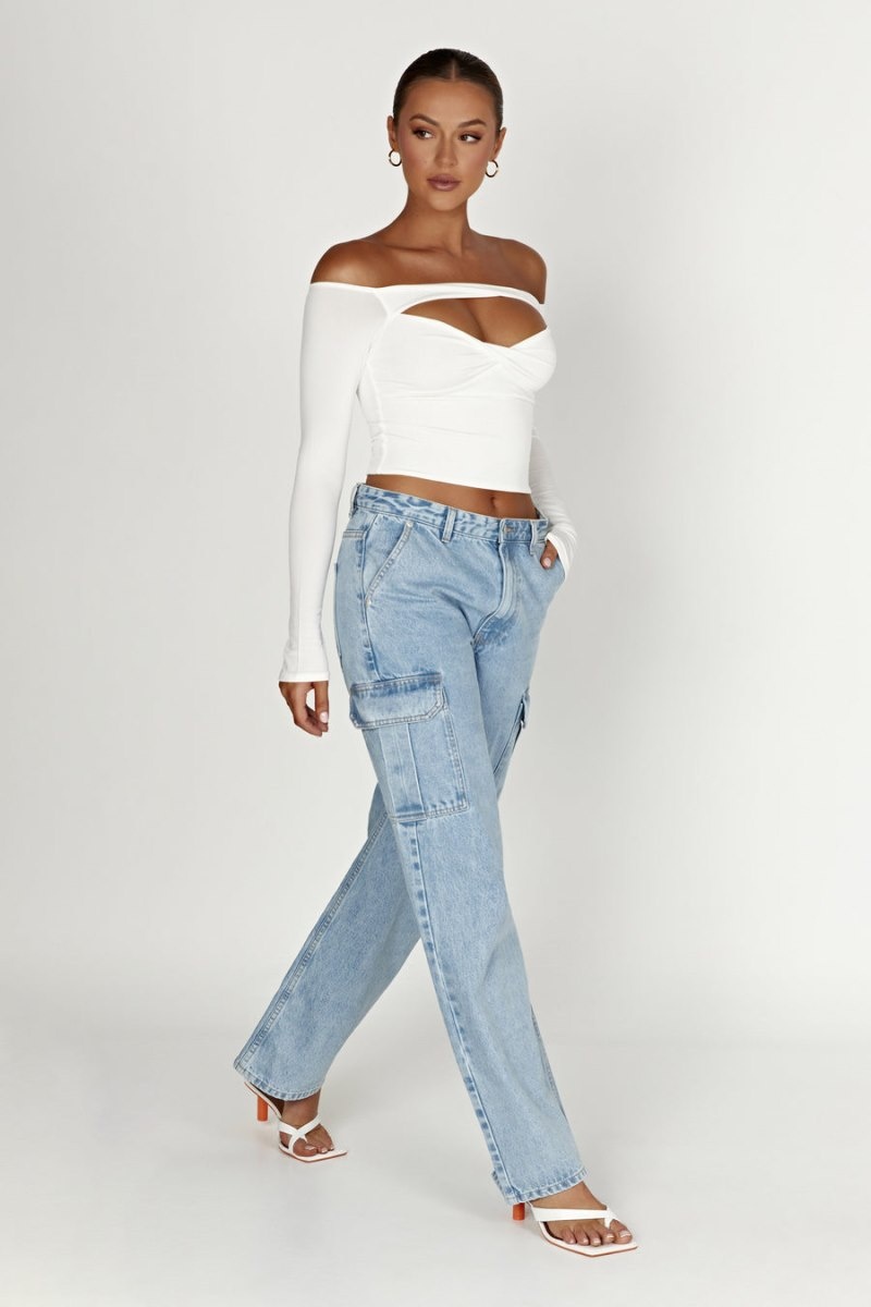 Women's Meshki Ceri Off Shoulder Long Sleeve Tops White Australia | E7P-5014