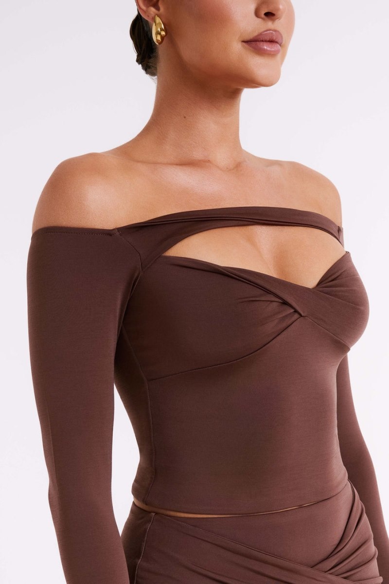 Women's Meshki Ceri Off Shoulder Long Sleeve Tops Brown Australia | P7P-7418