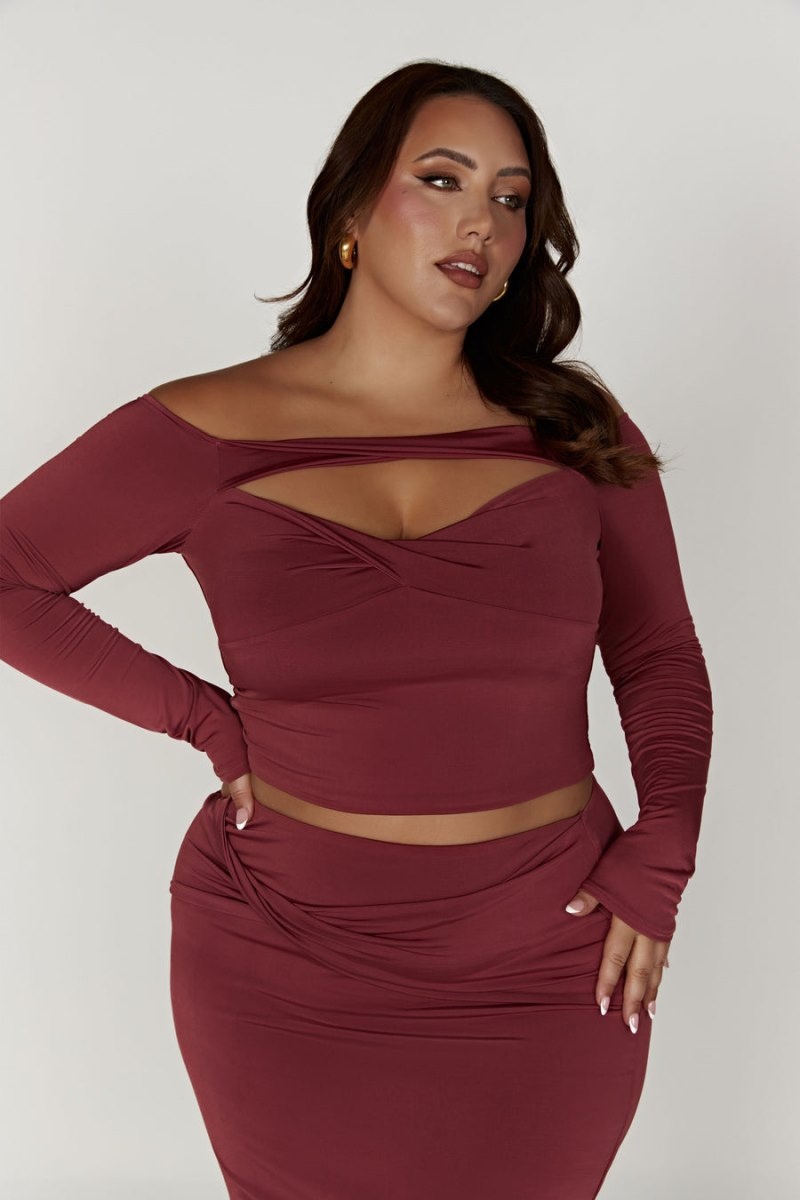 Women's Meshki Ceri Off Shoulder Long Sleeve Tops Dark Red Australia | K5S-9641