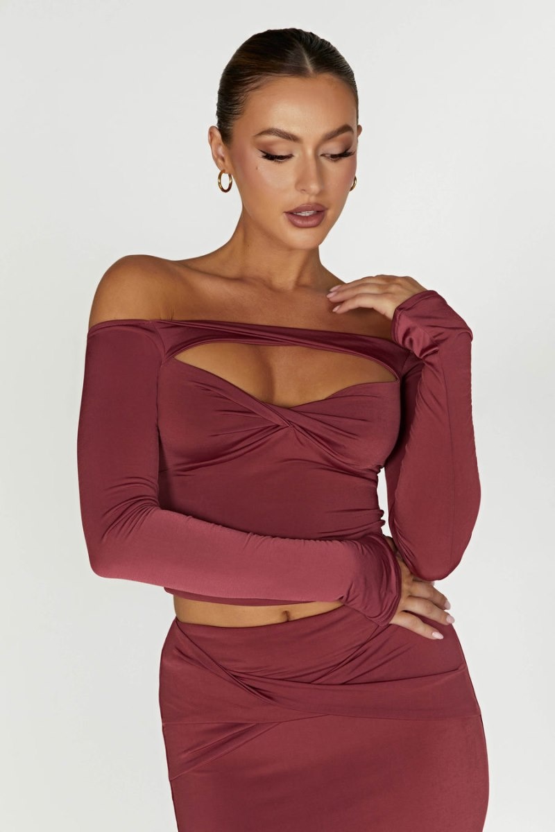 Women's Meshki Ceri Off Shoulder Long Sleeve Tops Dark Red Australia | K5S-9641