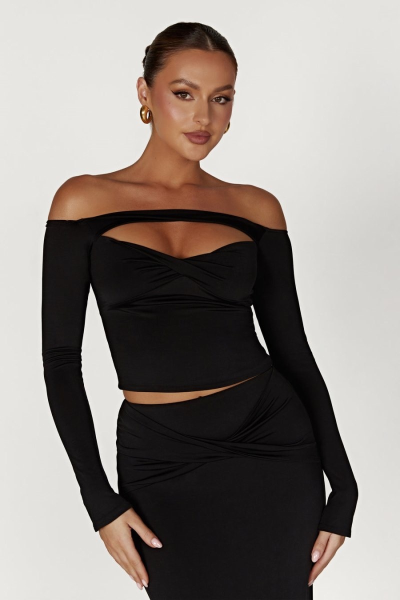 Women's Meshki Ceri Off Shoulder Long Sleeve Tops Black Australia | Y0M-6244