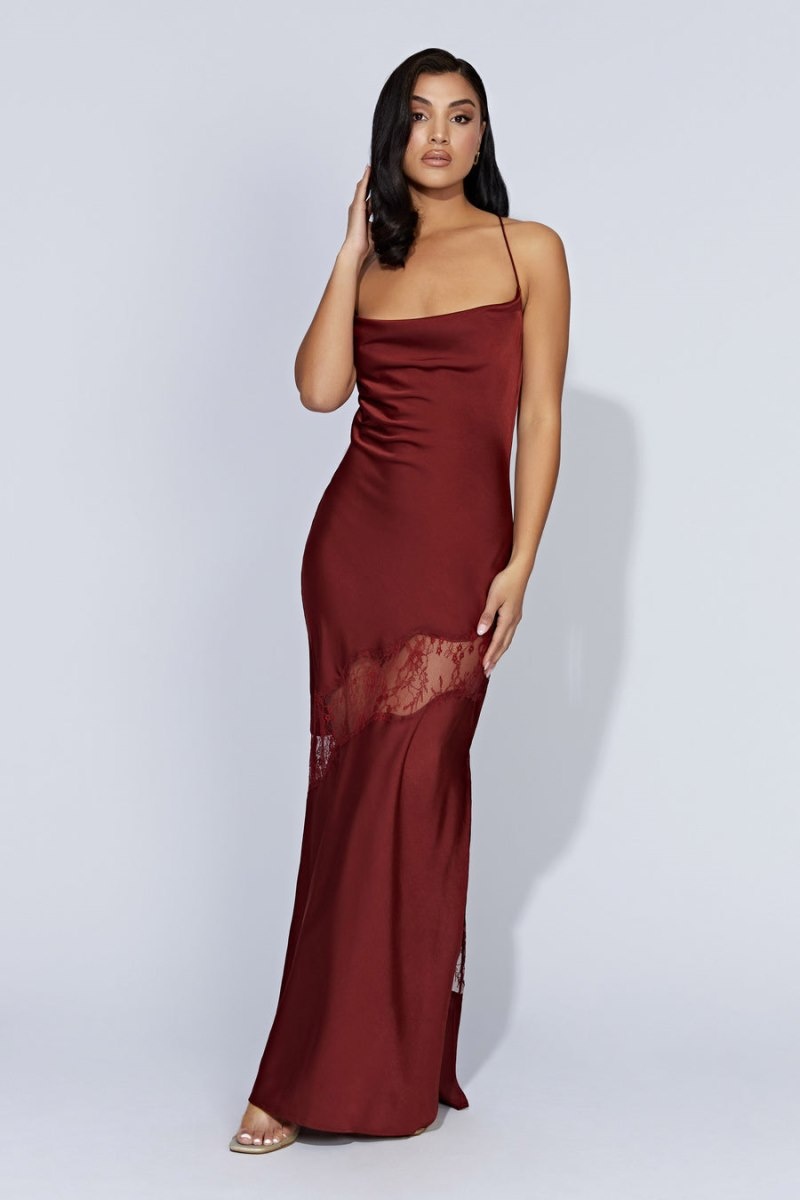 Women's Meshki Chandra Lace Detail Satin Maxi Dress Red Australia | T5Y-5997