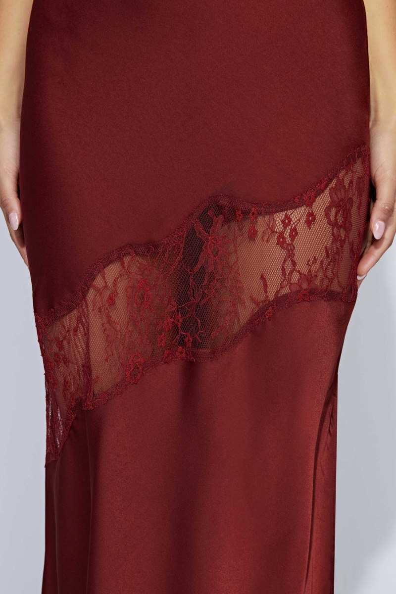 Women's Meshki Chandra Lace Detail Satin Maxi Dress Red Australia | T5Y-5997