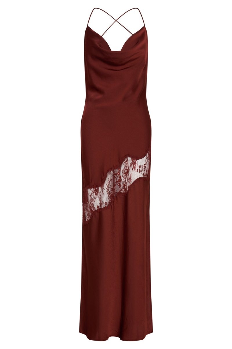 Women's Meshki Chandra Lace Detail Satin Maxi Dress Red Australia | T5Y-5997