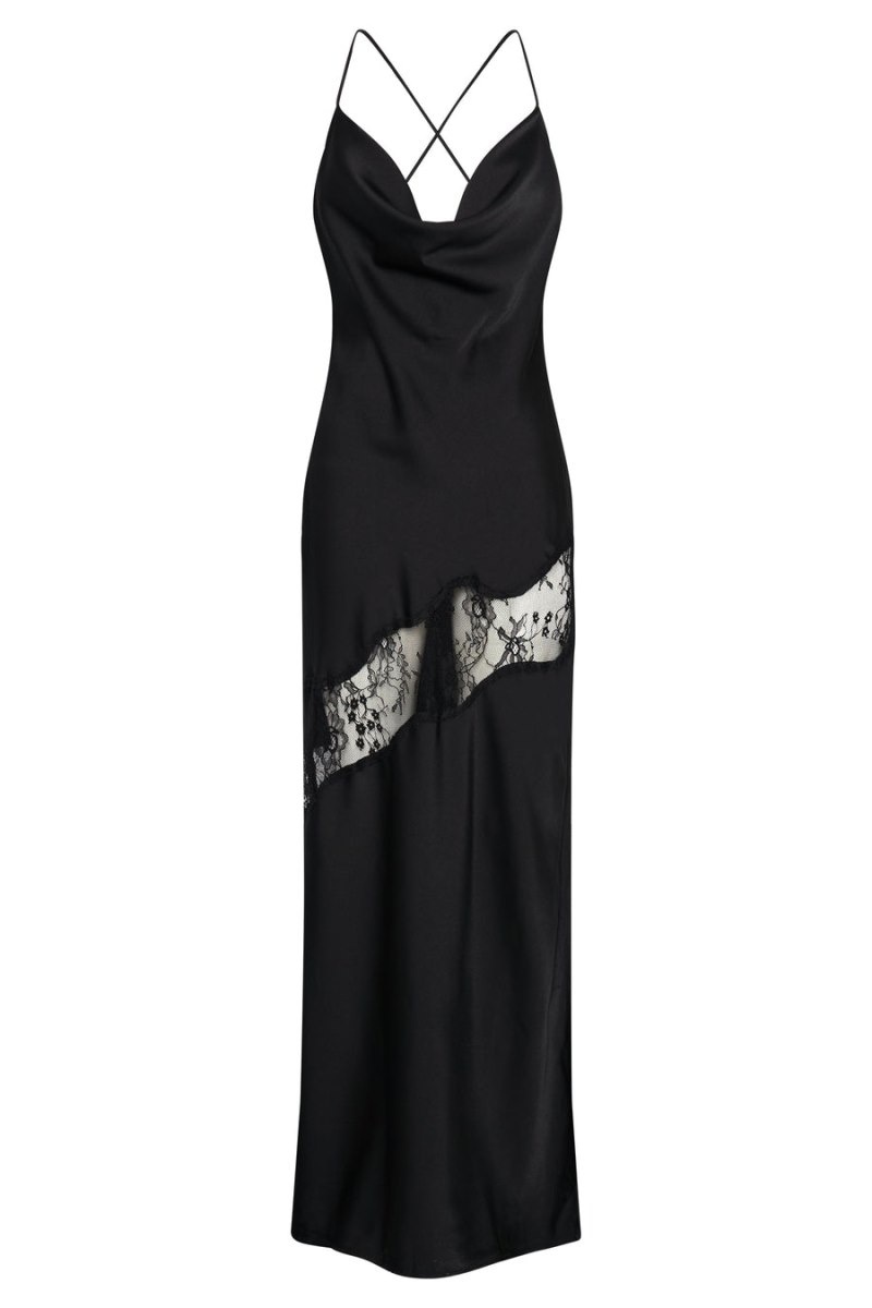 Women's Meshki Chandra Lace Detail Satin Maxi Dress Black Australia | O2Q-2162