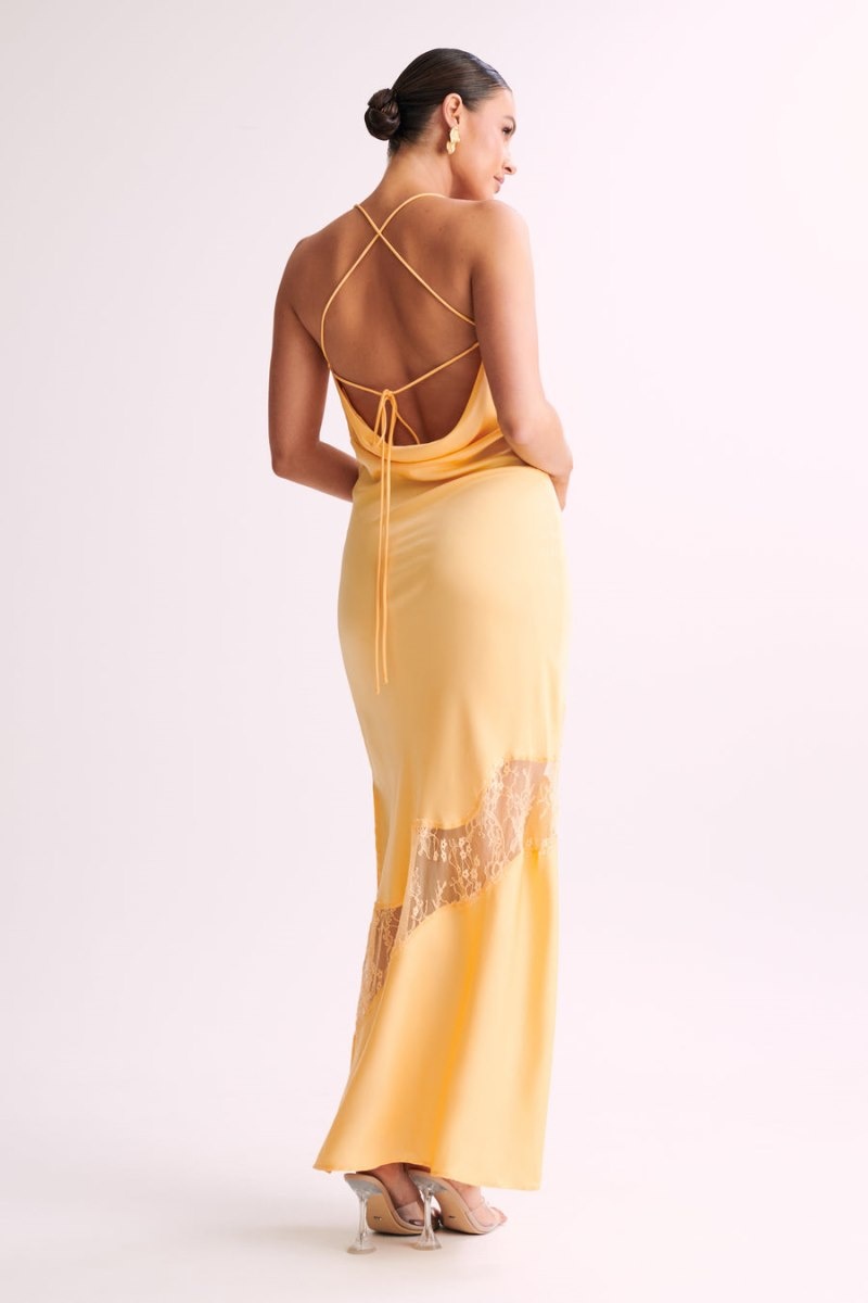 Women's Meshki Chandra Lace Detail Satin Maxi Dress Lemon Australia | N6B-1856