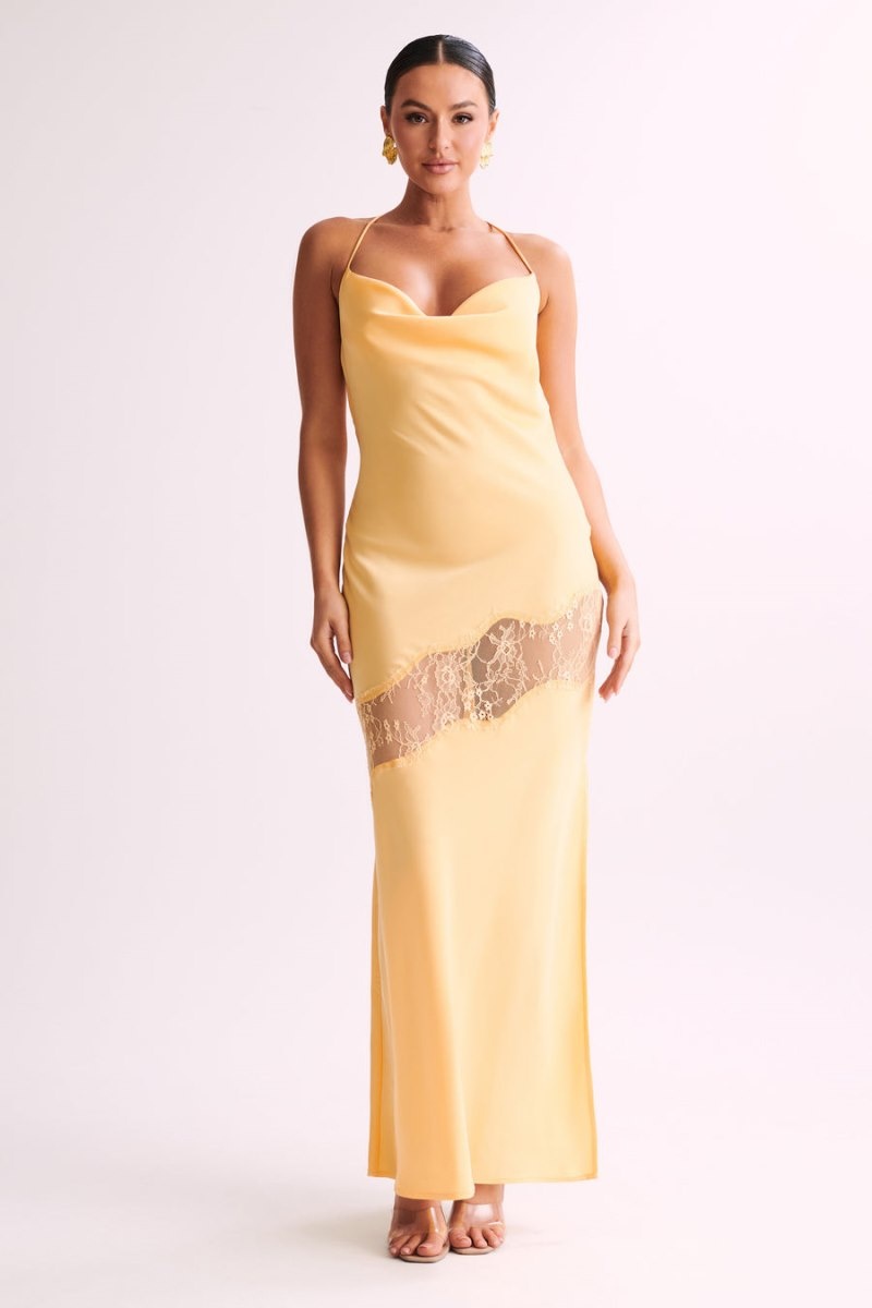 Women's Meshki Chandra Lace Detail Satin Maxi Dress Lemon Australia | N6B-1856