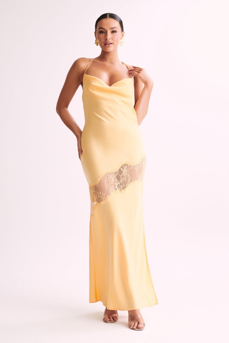 Women's Meshki Chandra Lace Detail Satin Maxi Dress Lemon Australia | N6B-1856