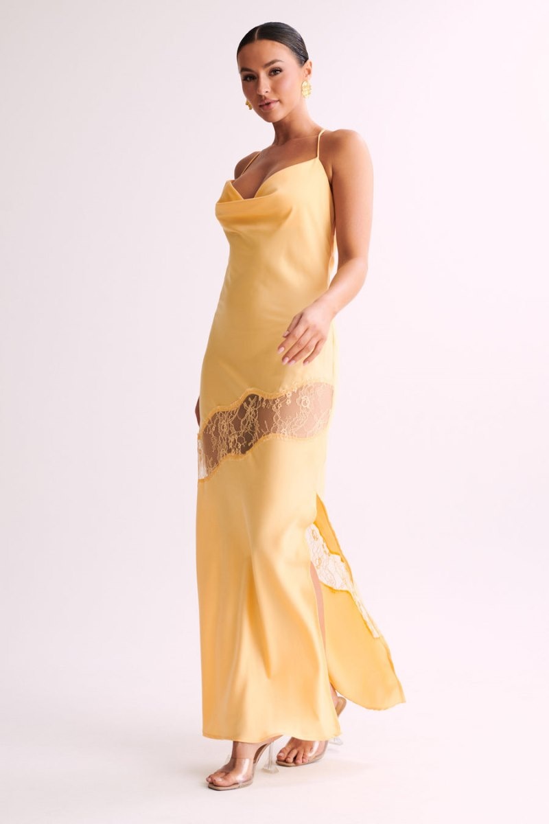 Women's Meshki Chandra Lace Detail Satin Maxi Dress Lemon Australia | N6B-1856