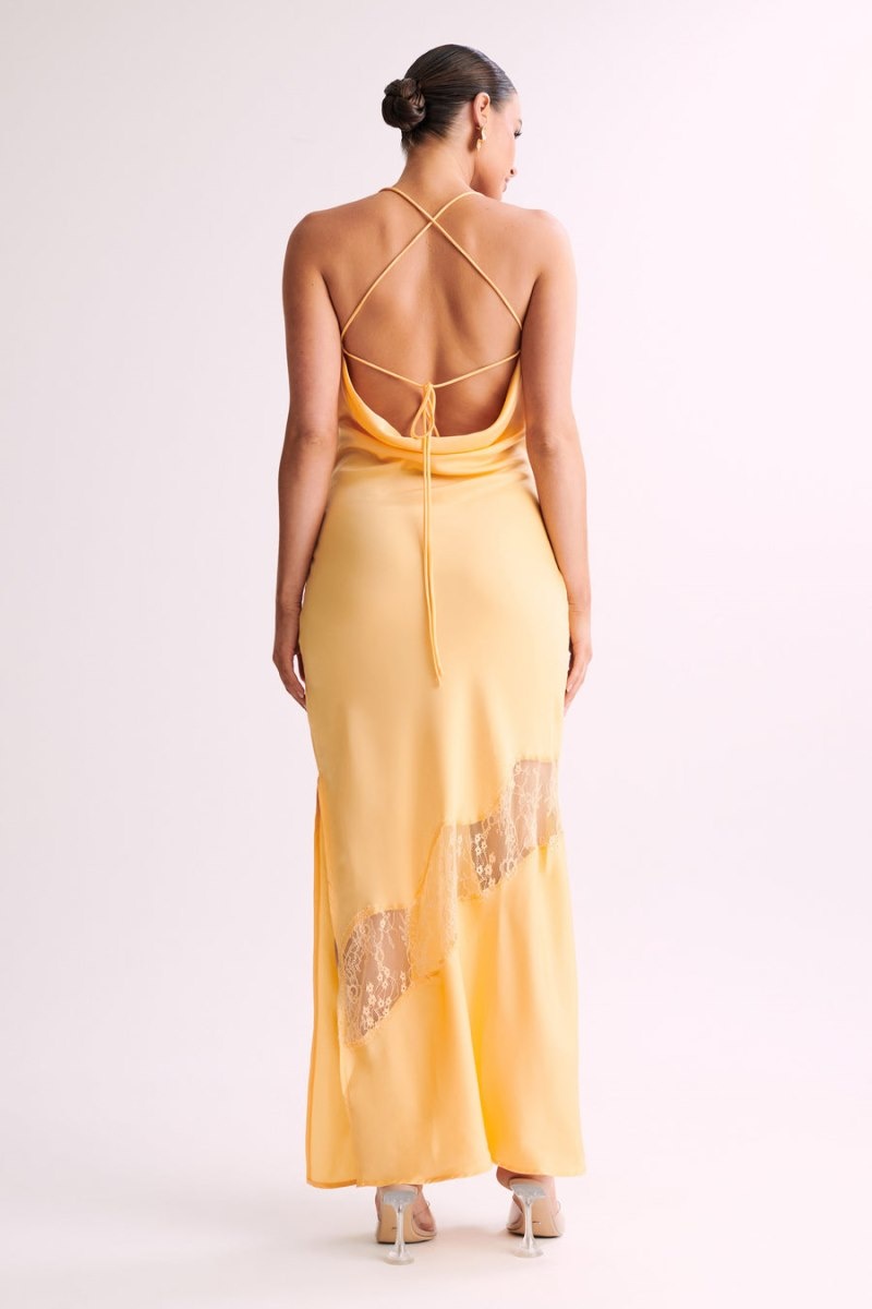 Women's Meshki Chandra Lace Detail Satin Maxi Dress Lemon Australia | N6B-1856