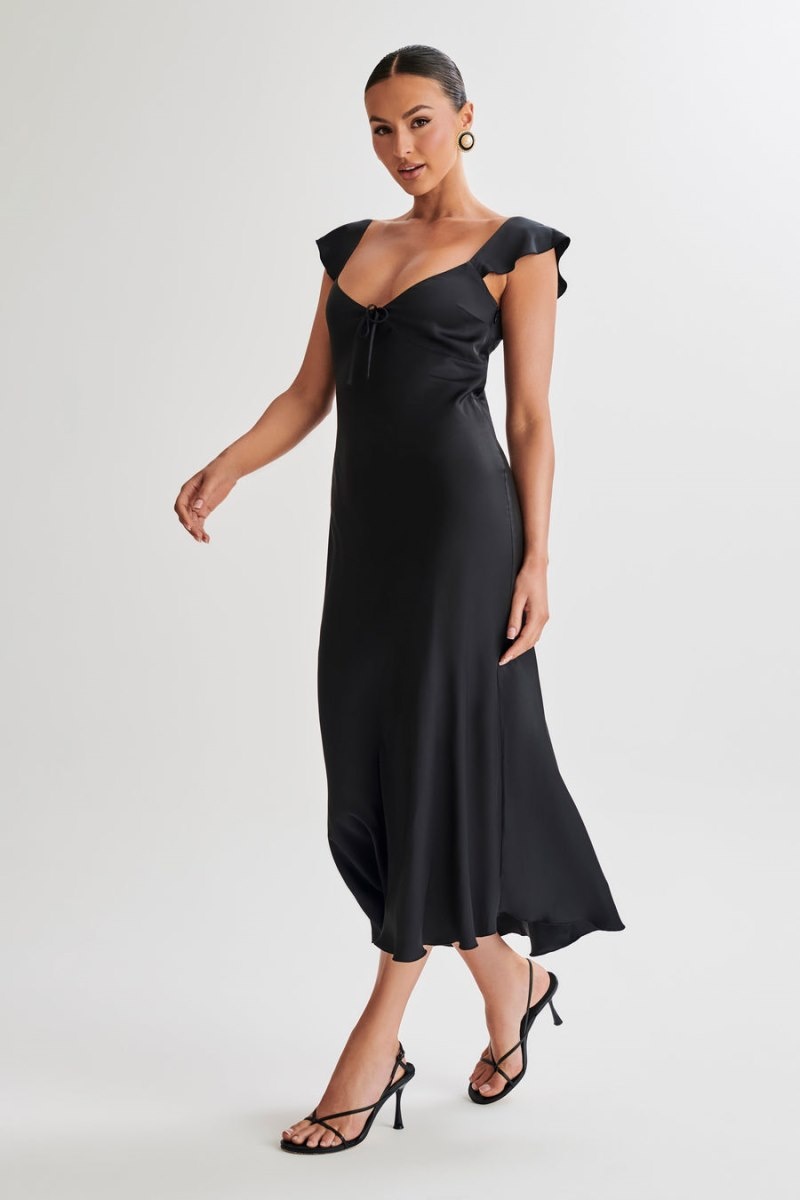 Women's Meshki Chantal Short Sleeve Satin Midi Dress Black Australia | Z2T-4881