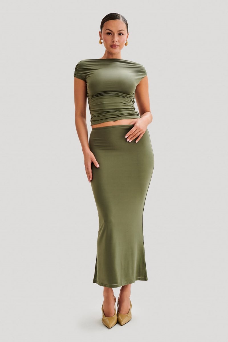 Women's Meshki Charlene Slinky Midi Skirts Olive Australia | G3F-5503