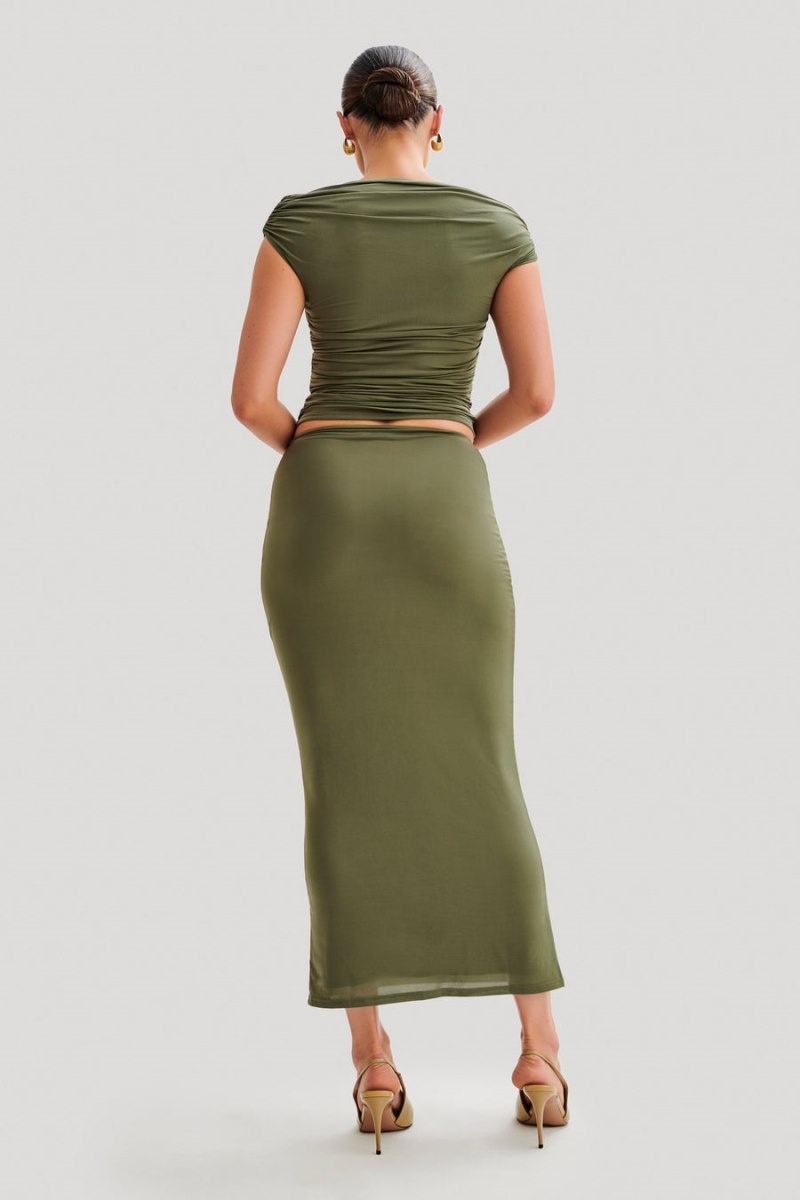 Women's Meshki Charlene Slinky Midi Skirts Olive Australia | G3F-5503