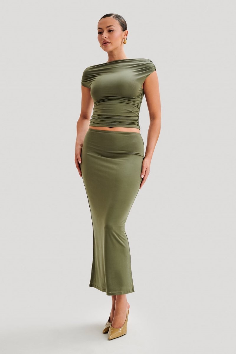 Women's Meshki Charlene Slinky Midi Skirts Olive Australia | G3F-5503