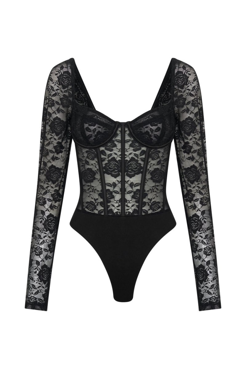 Women's Meshki Cheryl Lace Bodysuit Black Australia | E9M-9949