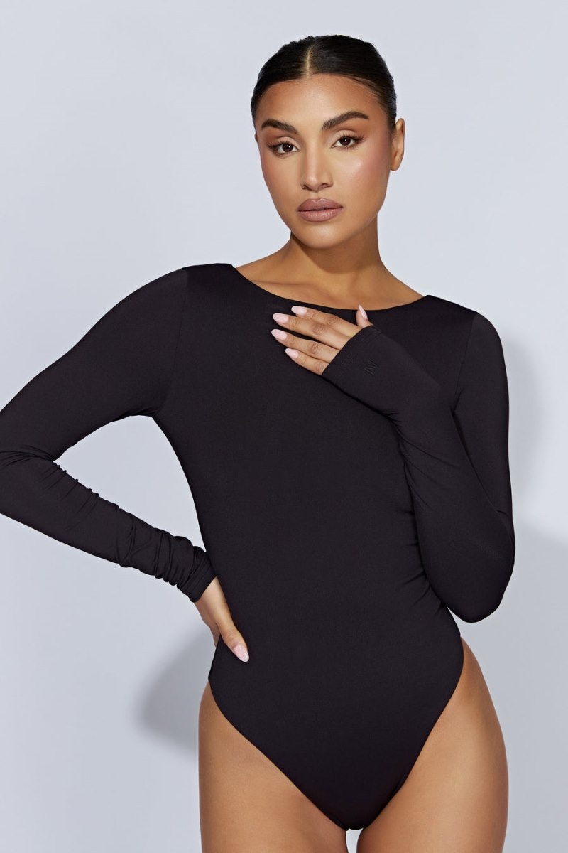 Women's Meshki Cheyenne Long Sleeve Plunge Back Bodysuit Black Australia | N6D-7186