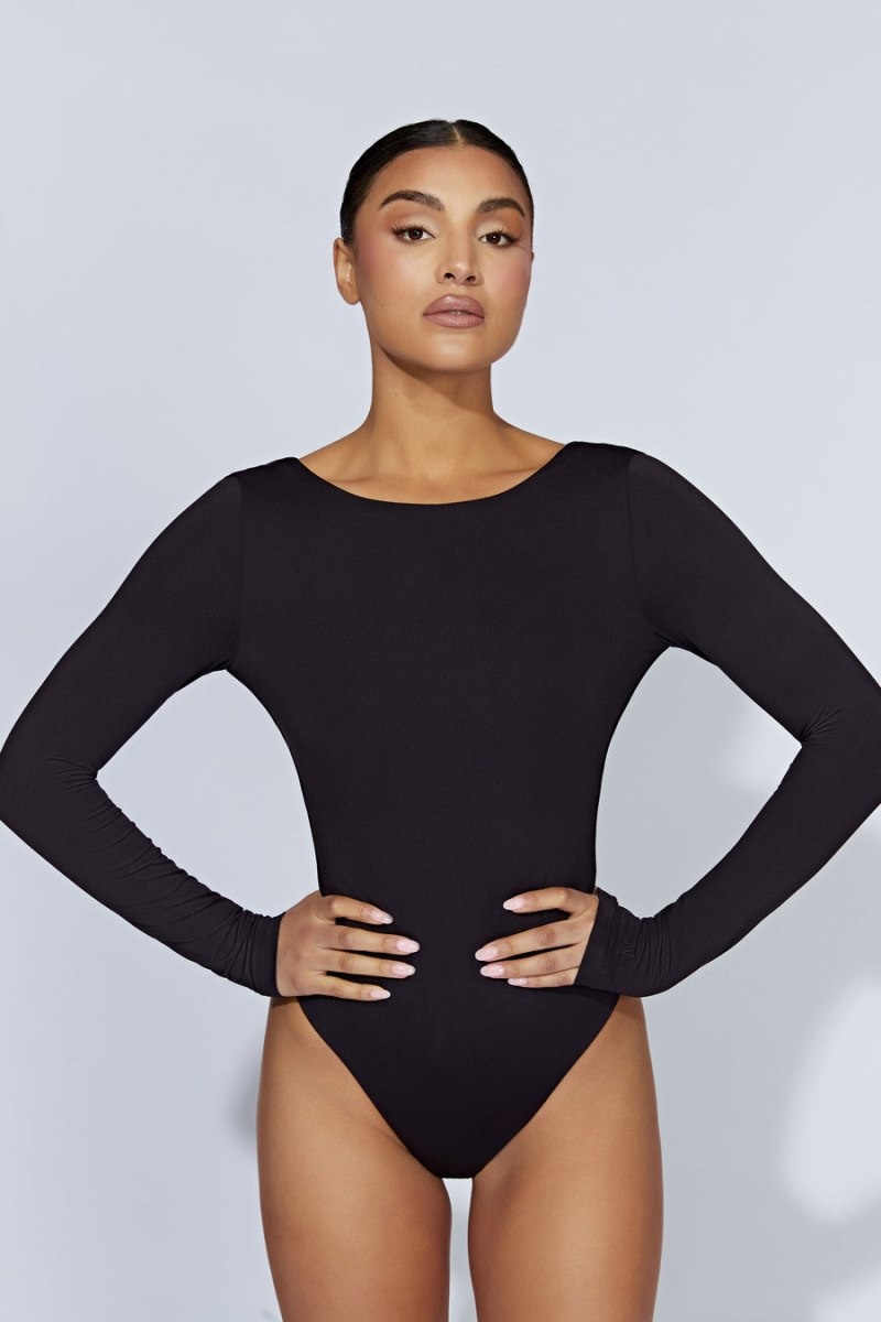 Women's Meshki Cheyenne Long Sleeve Plunge Back Bodysuit Black Australia | N6D-7186