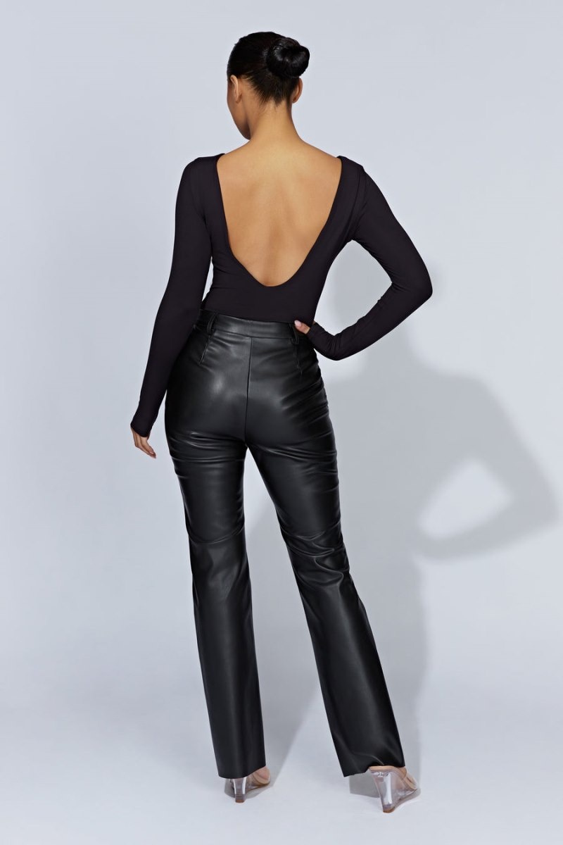 Women's Meshki Cheyenne Long Sleeve Plunge Back Bodysuit Black Australia | N6D-7186