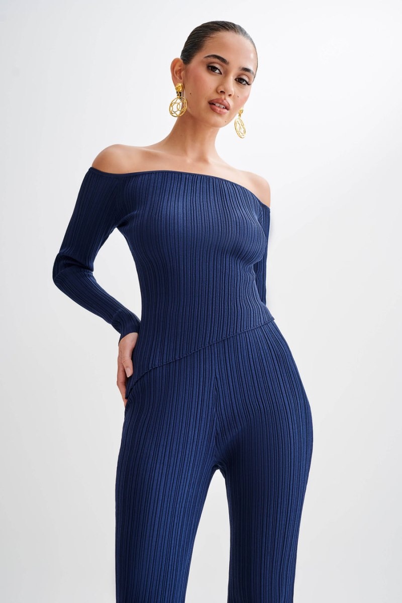 Women's Meshki Chiara Off Shoulder Rib Knit Tops Navy Australia | Q9S-9669