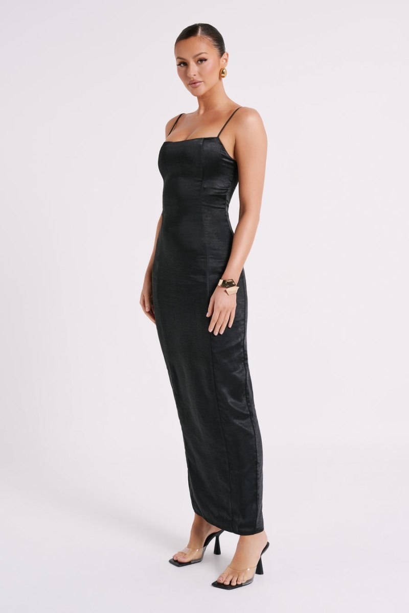 Women's Meshki Chrisley Satin Split Maxi Dress Black Australia | J6J-6477