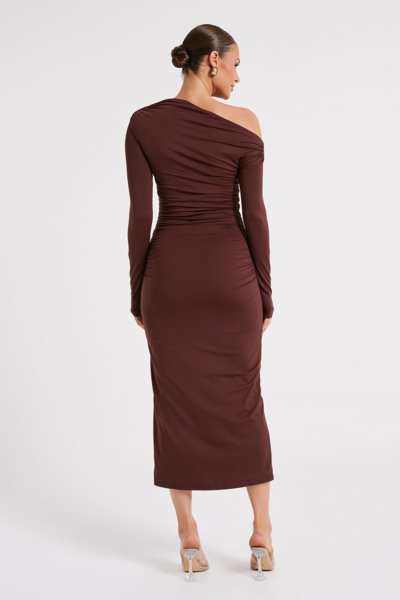 Women's Meshki Christabel Recycled Nylon Ruched Midi Dress Chocolate Australia | A0X-2742