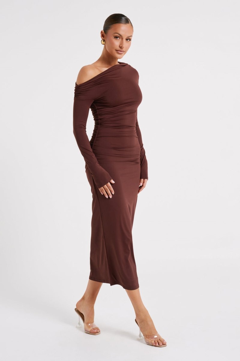 Women's Meshki Christabel Recycled Nylon Ruched Midi Dress Chocolate Australia | A0X-2742