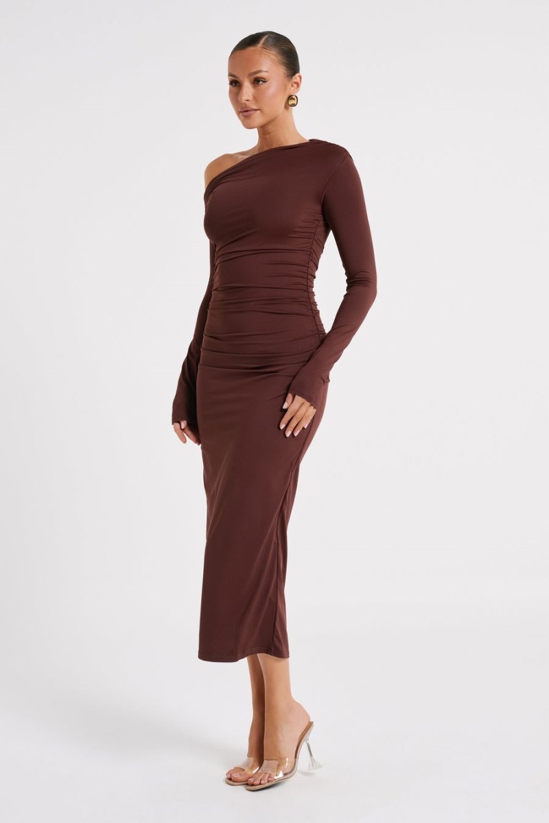 Women's Meshki Christabel Recycled Nylon Ruched Midi Dress Chocolate Australia | A0X-2742