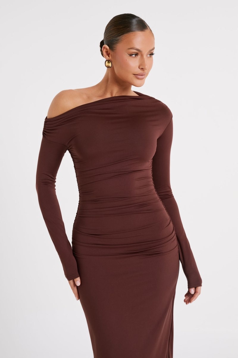 Women's Meshki Christabel Recycled Nylon Ruched Midi Dress Chocolate Australia | A0X-2742