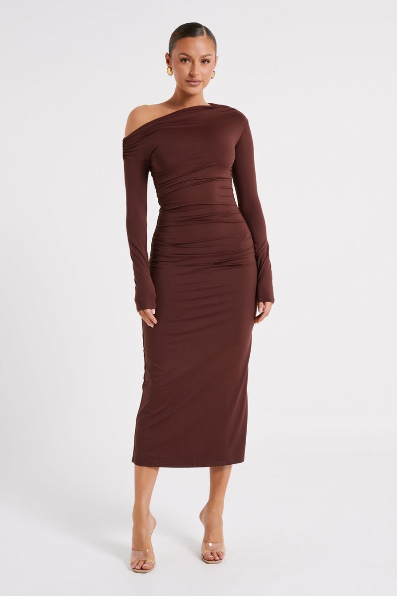 Women's Meshki Christabel Recycled Nylon Ruched Midi Dress Chocolate Australia | A0X-2742