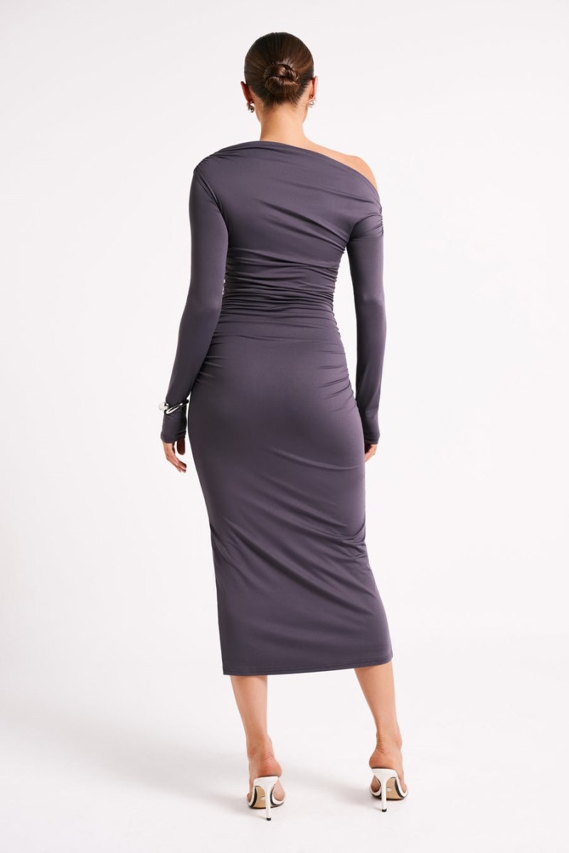 Women's Meshki Christabel Recycled Nylon Ruched Midi Dress Deep Grey Australia | D3Y-8687