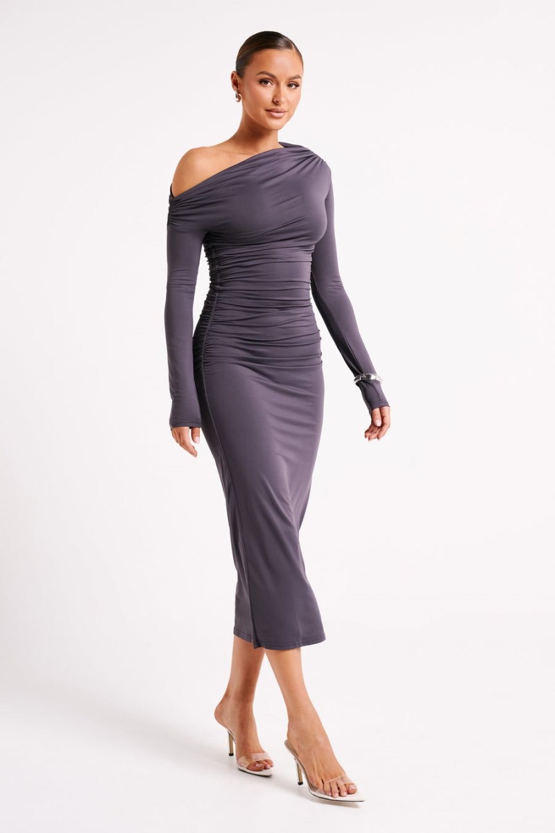 Women's Meshki Christabel Recycled Nylon Ruched Midi Dress Deep Grey Australia | D3Y-8687