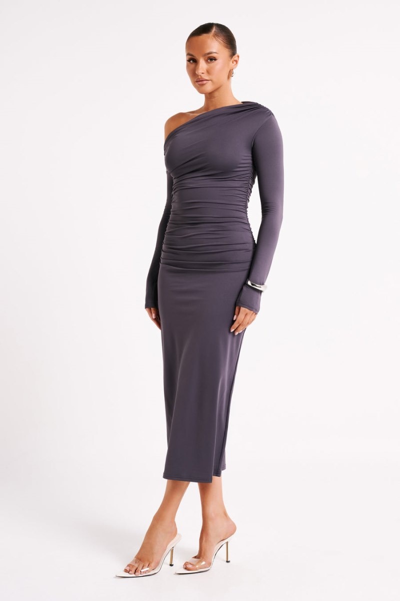 Women's Meshki Christabel Recycled Nylon Ruched Midi Dress Deep Grey Australia | D3Y-8687