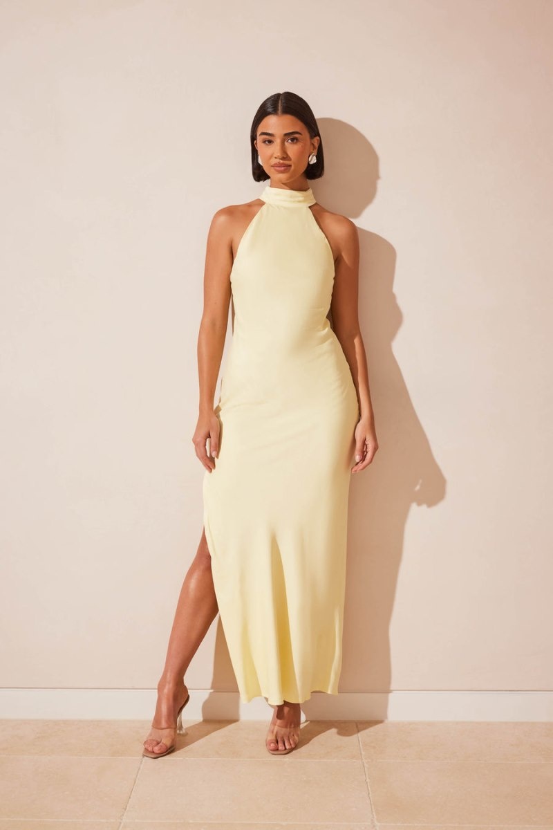 Women's Meshki Claire Matte Satin Drape Back Maxi Dress Light Yellow Australia | R9J-0584