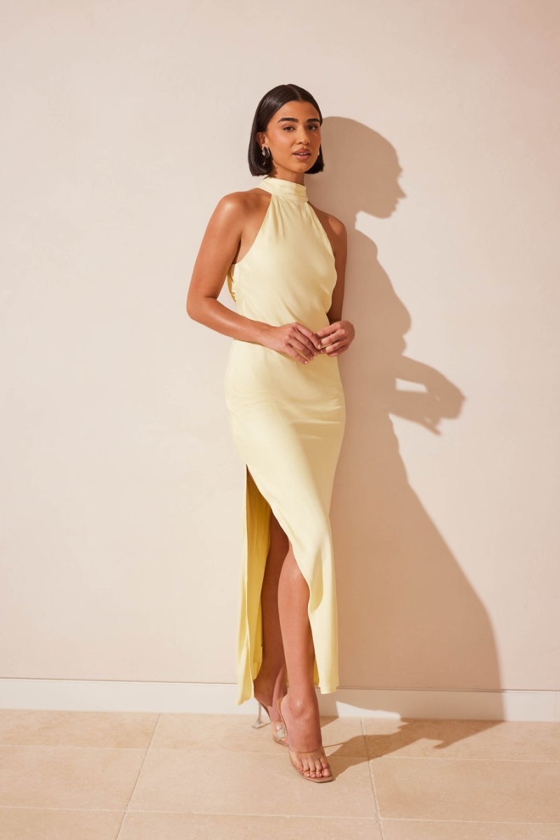 Women's Meshki Claire Matte Satin Drape Back Maxi Dress Light Yellow Australia | R9J-0584