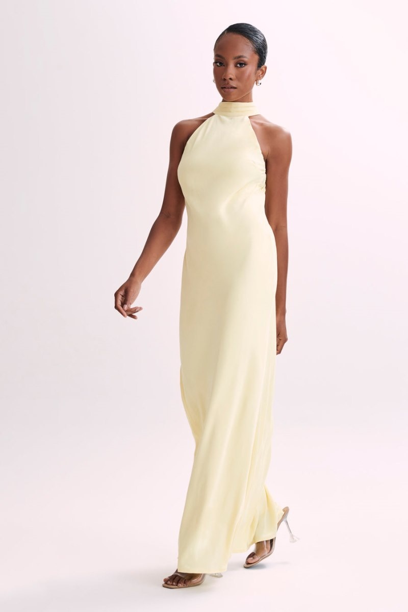 Women's Meshki Claire Matte Satin Drape Back Maxi Dress Light Yellow Australia | R9J-0584