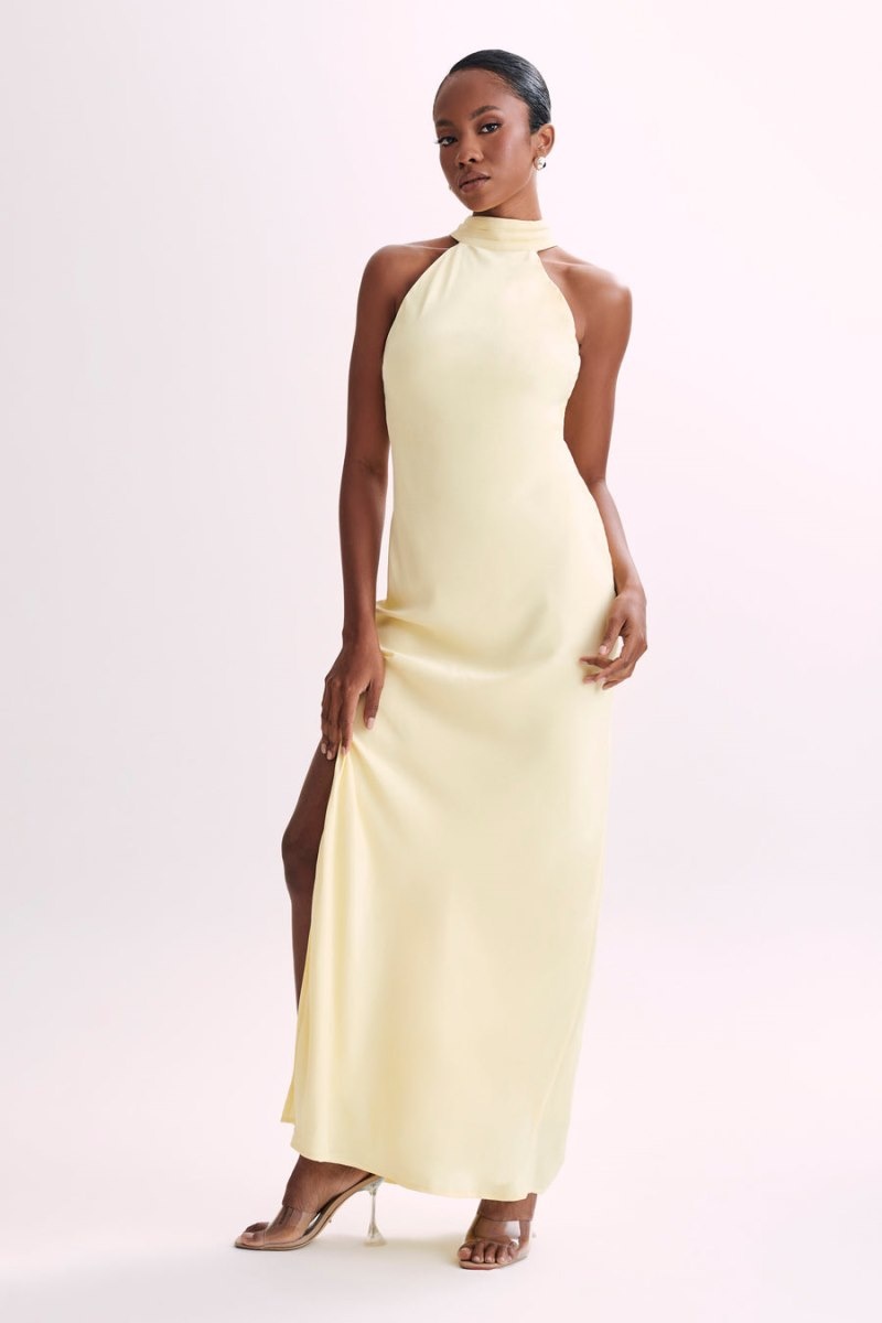 Women's Meshki Claire Matte Satin Drape Back Maxi Dress Light Yellow Australia | R9J-0584